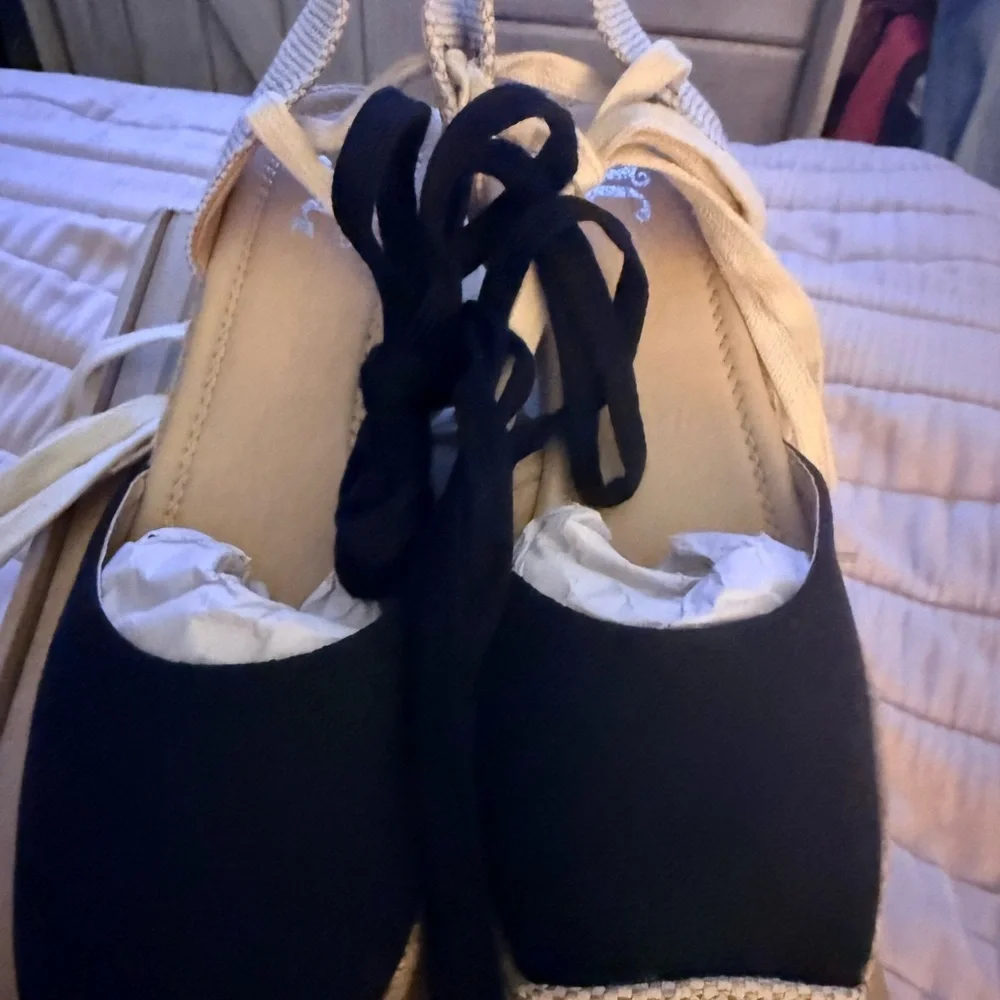 Montce Black and Cream Espadrille Wedge Sandals with Ankle Ties
